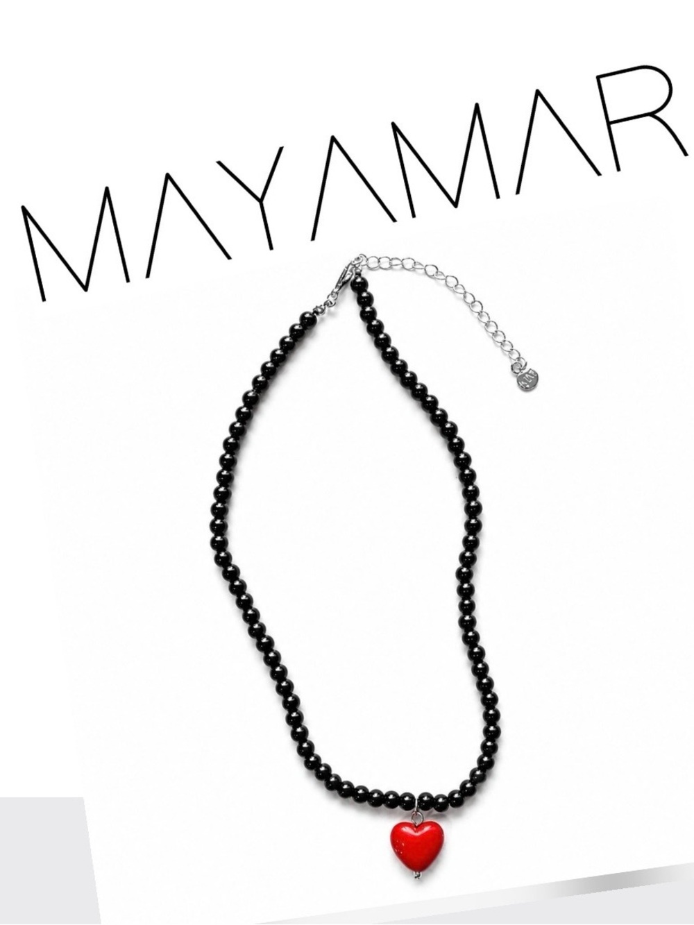 Mayamar statement black bead necklace with red heart